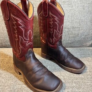 Old West Youth Chocolate/Burgundy Square Toe Western Boot